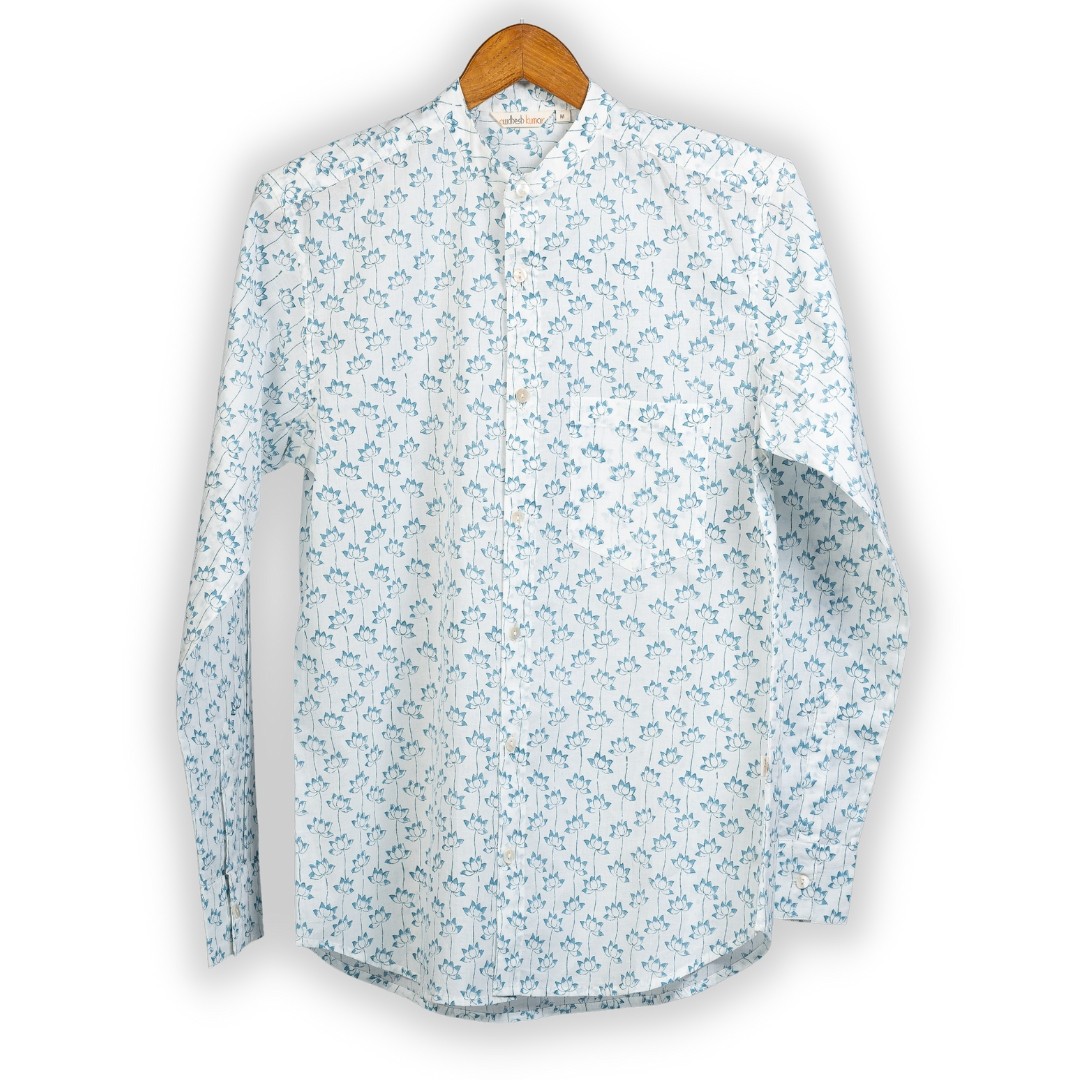 Full Sleeve Indian Hand Block Print Shirt Lotus Blue Design Shirt 100% Cotton Fabric