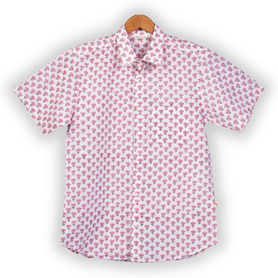 Short Sleeve Indian Hand Block Print Shirt Pink Buti Small Design Shirt 100% Cotton Fabric